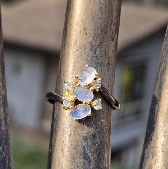 Moonstone & Topaz Natural Gemstones Sterling Rhodium & Gold Ring Sz7.25 - Picture 4 of 8